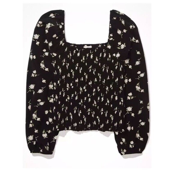 American Eagle Peasant Blouse Elastic Body Blk/Floral Print, Long Sleeve, Sz M - Picture 4 of 10